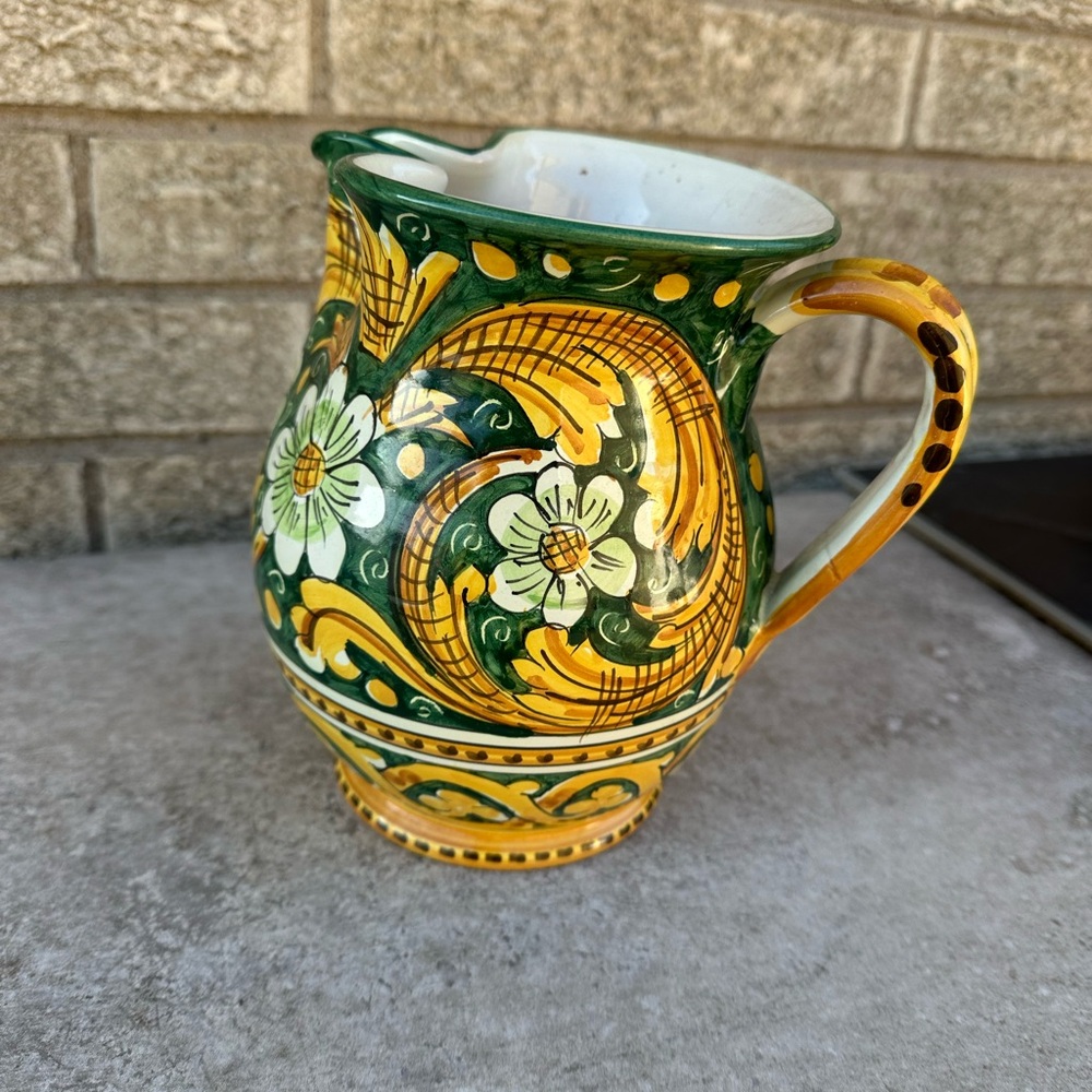 Italian Hand-Painted Ceramic Pitcher in Green and Yellow - Picture 2 of 4